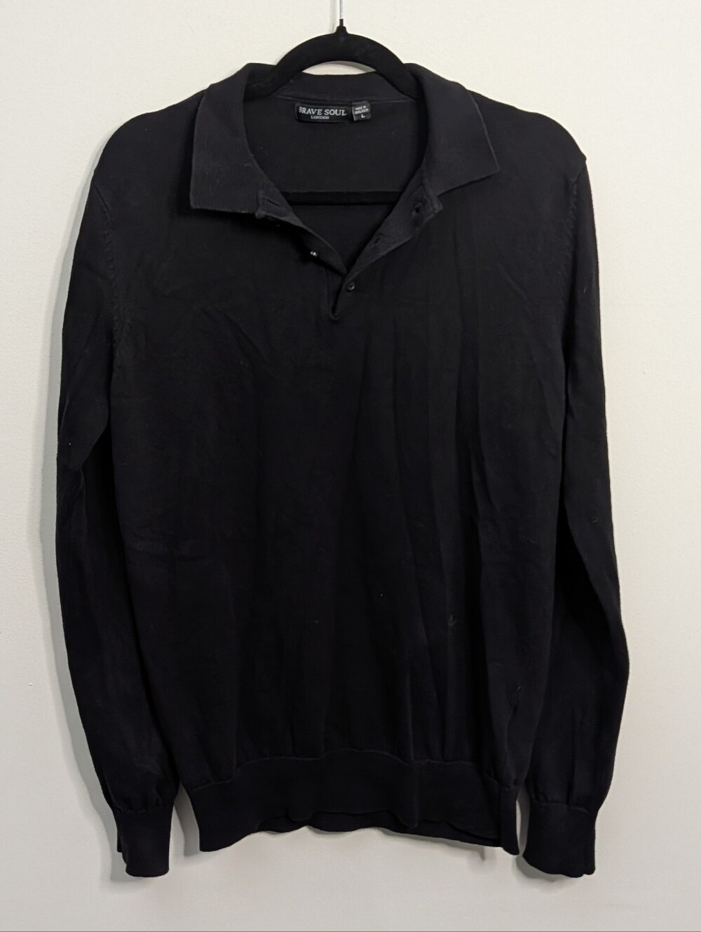 Brave Soul London Black 100% Cotton Long-Sleeve Polo Sweater Size L